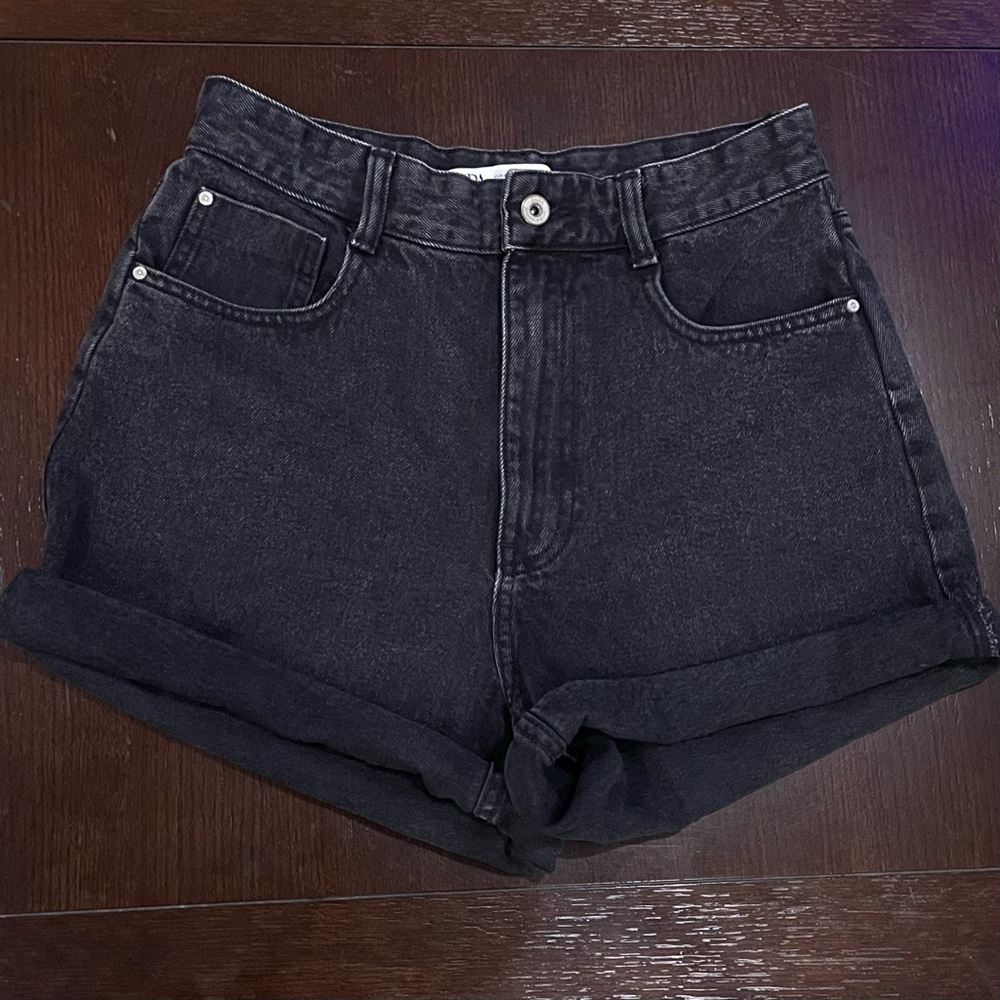 Zara Black High Waist Denim Mom Shorts